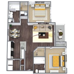 Modern 2D floor plan showcasing 2 bedrooms, a cozy living room, a dining area, and a sleek kitchen with adjacent outdoor patio.