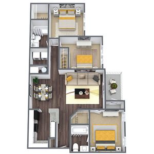 Modern 3D floor plan showcasing 3 bedrooms, elegant open living and dining area, contemporary kitchen, and private balcony.