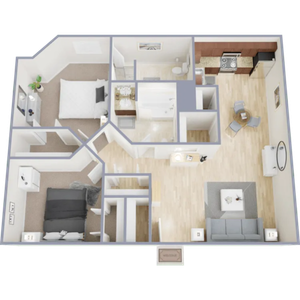 Chic 3D floor plan with 2 cozy bedrooms, modern kitchen, stylish bathroom, and inviting living-dining area for ideal urban living.