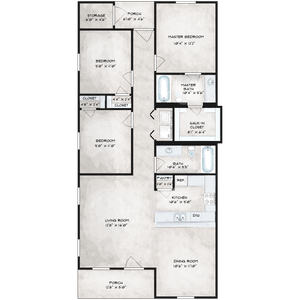 Elegant floor plan featuring a master suite with walk-in closet, two additional bedrooms, spacious living room, modern kitchen, and a separate dining area. Includes two porches and ample storage space.