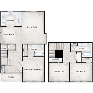Modern two-story floor plan featuring a spacious living room, dining area, and kitchen on the main level, with a master bedroom and bath. Upstairs offers two additional bedrooms with a shared bath, ample closets, and storage space.
