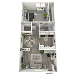 Modern 3D floor plan showcasing a stylish 1-bedroom apartment with an open-concept living area, dining space, and a well-equipped kitchen.