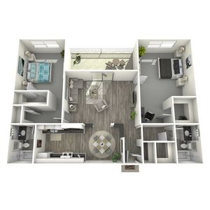 Modern 3D apartment floor plan featuring two elegant bedrooms, two bathrooms, a spacious living room, and a stylish open-concept kitchen with a cozy dining area. Includes a balcony for outdoor relaxation.