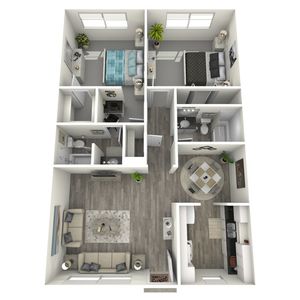 Contemporary 3D floor plan showcasing 2 stylish bedrooms, an inviting open-concept living and dining area, a modern kitchen, and 2 bathrooms.
