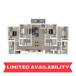 Elegant 3-bedroom floor plan with a central living area and modern kitchen.