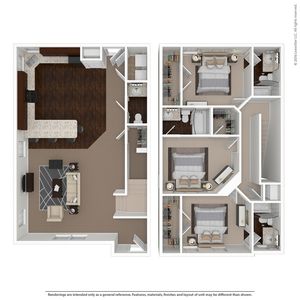 Chic floor plan displaying a spacious two-story layout with two bedrooms, modern kitchen, and cozy living area.