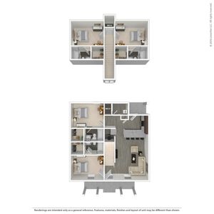 Modern 2D floor plan showcasing a two-level apartment with 3 bedrooms, open living area, and gourmet kitchen.