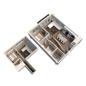 Modern 3D loft floor plan showcasing a stylish open-concept living area, sleek kitchen, multiple cozy bedrooms, and elegant bathrooms.