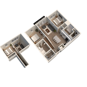 Modern 3D floor plan showcasing 3 bedrooms, expansive open-concept living area, sleek kitchen, and cozy dining space.