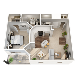 Modern 3D floor plan showcasing a 1-bedroom apartment with an open kitchen, cozy living area, spacious bathroom, and a private balcony.