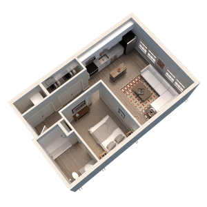 Chic 1-bedroom apartment floor plan with modern kitchen, cozy living room, and elegant bathroom.