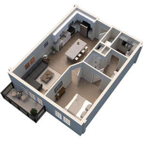 Modern 3D floor plan showcasing a cozy 1-bedroom apartment with an open-concept kitchen, inviting living area, stylish bathroom, and private balcony.