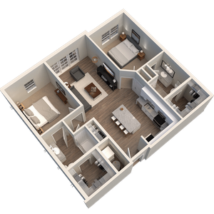 Modern 3D floor plan showcasing 2 cozy bedrooms, an elegant open-concept living area, and a sleek kitchen with an island.