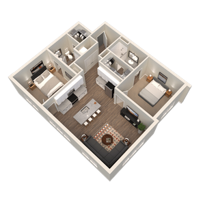 Modern 3D floor plan showcasing 2 bedrooms, an elegant open-concept living area, and a stylish kitchen with island seating.