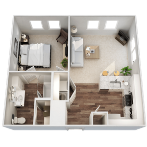 Modern open-concept floor plan featuring a spacious bedroom, cozy living area, sleek kitchen, and a stylish bathroom.