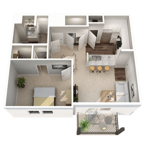 Modern 3D floor plan featuring a cozy bedroom, spacious open-concept living and dining area, stylish kitchen with island seating, and a charming balcony for outdoor relaxation.