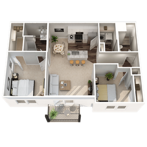 Modern 3D floor plan featuring 2 bedrooms, a stylish open kitchen with island seating, cozy living area, and balcony access, complete with contemporary furnishings.