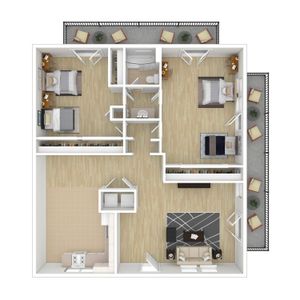 Modern 3-bedroom apartment floor plan featuring spacious living room, stylish kitchen, and expansive balcony for relaxation.