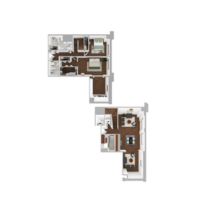 Chic two-floor apartment layout showcasing 2 spacious bedrooms, a modern kitchen, and inviting living areas. Ideal for contemporary living.