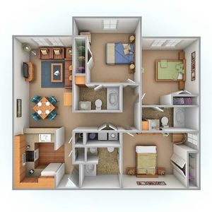Modern 3D floor plan showcasing 3 spacious bedrooms, an open living area, and a fully equipped kitchen, perfect for comfortable family living.