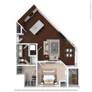 Contemporary 1-bedroom apartment floor plan featuring an open-concept living room, stylish kitchen with island, cozy bedroom, and modern bathroom layout.