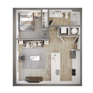 Modern 1-bedroom apartment floor plan showcasing an open-concept living area, chic kitchen, and sleek bathroom design.