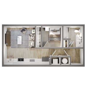 Modern 2D floor plan featuring a cozy bedroom, sleek kitchen, inviting living area, and a stylish bathroom layout.
