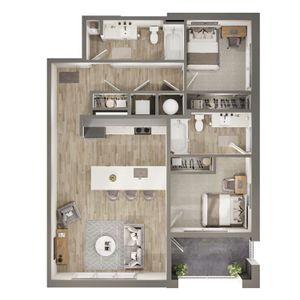 Modern 2D floor plan showcasing 2 bedrooms, open-concept kitchen and living area, and 2 bathrooms with a balcony.