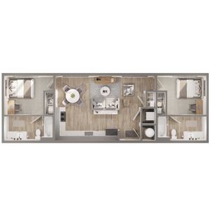 Elegant floor plan featuring two spacious bedrooms, contemporary open-concept living and dining area, and two modern bathrooms.