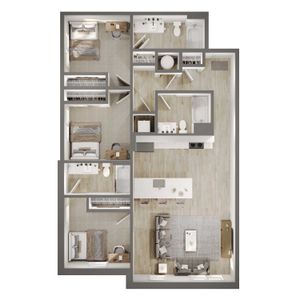 Modern 3-bedroom apartment floor plan with sleek open-concept kitchen, cozy living area, and elegant bathrooms.
