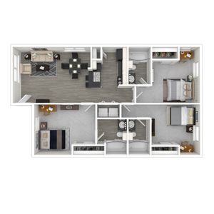 Modern 3D floor plan showcasing 3 bedrooms, open living and dining area, and sleek kitchen with contemporary design.