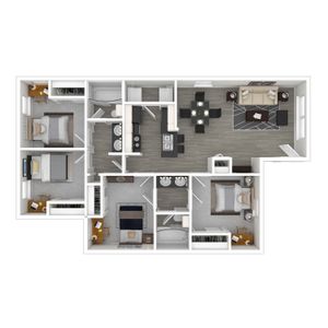 Modern 3-bedroom apartment floor plan with two bathrooms, open kitchen, dining area, and cozy living room.