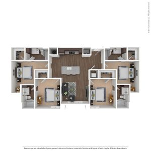 Spacious 3D floor plan showcasing a modern three-bedroom apartment with two bathrooms, a stylish open-concept living area, and a sleek kitchen with an island.