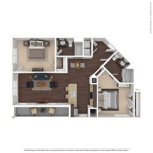 Modern floor plan showcasing 2 bedrooms, elegant open-concept living and dining area, and a sleek kitchen with island bar seating.