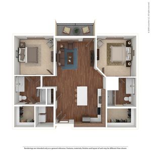 Modern 2D floor plan showcasing 2 cozy bedrooms, an open-concept living and dining area, sleek kitchen with an island, and dual bathrooms, featuring stylish hardwood flooring and a private balcony.