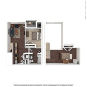 Chic floor plan of a modern two-story apartment featuring a spacious bedroom, elegant living room, and stylish open kitchen.