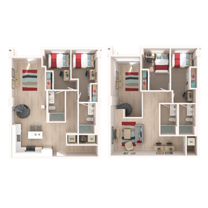 Modern 3D floor plan with two levels, featuring four bedrooms, open living areas, and integrated amenities.