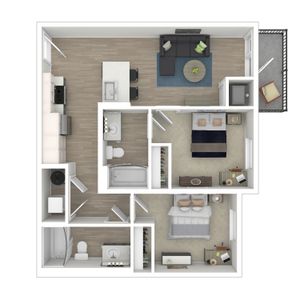 Modern 2D floor plan showcasing 2 bedrooms, an open-concept living room with a stylish kitchen, and a cozy balcony.