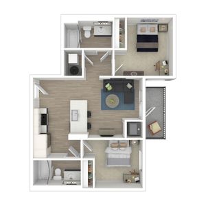 Modern floor plan showcasing 2 spacious bedrooms, an elegant open-concept living and kitchen area, and private patio access.