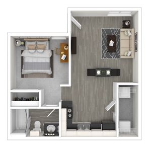 Modern 1-bedroom apartment floor plan featuring an open living area, well-equipped kitchen, and stylish bathroom, perfect for comfortable living.