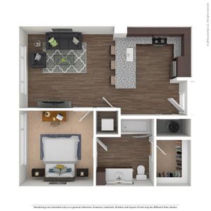 Modern 1-bedroom apartment floor plan with open-concept living area and stylish kitchen island.
