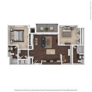 Stylish floor plan depicting a cozy two-bedroom apartment with modern open-plan living area, sleek kitchen, and private balcony.