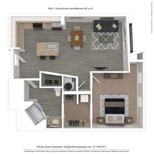 Modern one-bedroom apartment floor plan with 866 sq. ft., featuring an open-concept living and dining area, sleek kitchen, spacious bedroom, and elegant bathroom.
