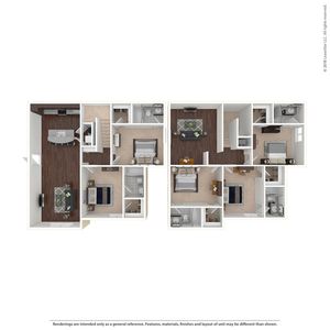 Modern 3D floor plan showcasing 3 bedrooms, elegant hardwood flooring, open-concept living and dining area, and a sleek kitchen.