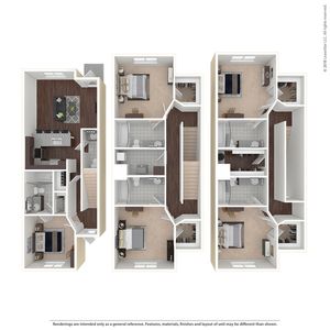 Elegant floor plan showcasing three levels, featuring 3 bedrooms, open living areas, and modern kitchens. Ideal for spacious living.