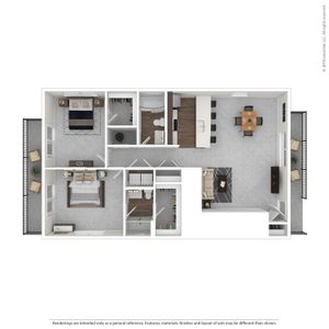 Elegant 2D floor plan featuring 2 spacious bedrooms, 2 modern bathrooms, an open kitchen with an island, and a cozy living area with balcony access.
