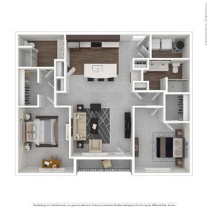 Modern 3D floor plan featuring 2 stylish bedrooms, a cozy living room, chic kitchen with island, and elegant bathroom design.