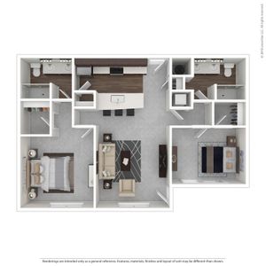 Spacious floor plan showcasing 2 bedrooms, modern kitchen, inviting living room, and 2 elegantly designed bathrooms.