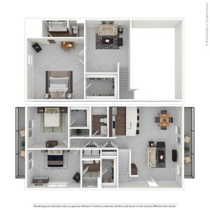 Elegant 3D floor plan showcasing two-story design with 2 bedrooms, stylish living area, modern kitchen, and cozy balcony.