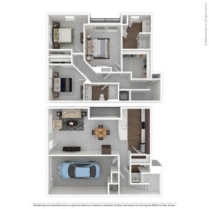Modern floor plan showcasing a two-story layout with 2 bedrooms, a cozy living room, open kitchen, and spacious garage.